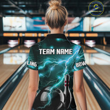 Load image into Gallery viewer, Cyan Blue Lightning Thunder Black Bowling Polo, 1/4 zip Shirt for Women custom bowling team jersey NQS10529