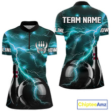 Load image into Gallery viewer, Cyan Blue Lightning Thunder Black Bowling Polo, 1/4 zip Shirt for Women custom bowling team jersey NQS10529