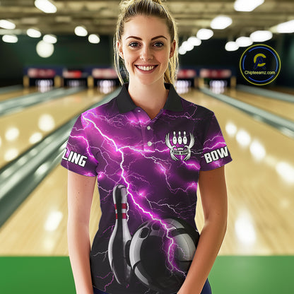 Pink Lightning Thunder Black Bowling Polo, Quarter zip Shirt for Women custom bowling team jersey NQS10530