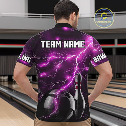 Pink Lightning Thunder Black Bowling Polo, Quarter zip Shirt for Men custom bowling team jerseys NQS10530
