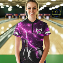 Load image into Gallery viewer, Pink Lightning Thunder Black Bowling Polo, Quarter zip Shirt for Women custom bowling team jersey NQS10530