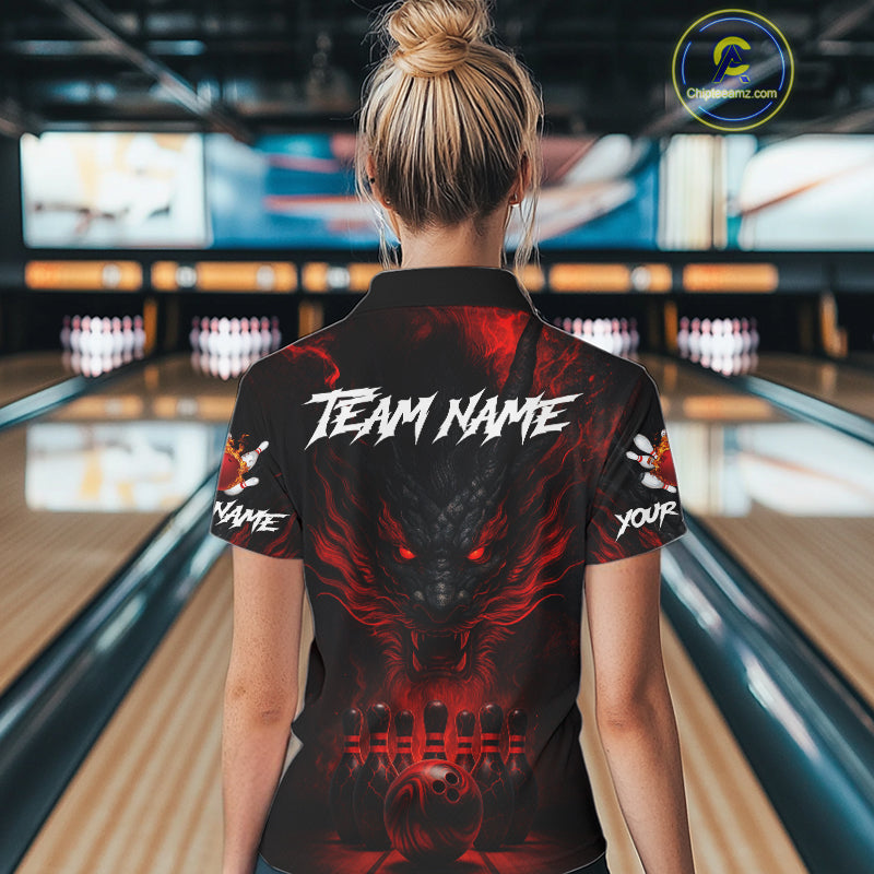 Black And Red Dragon Bowling Shirts For Women Custom Dragon Bowling League Shirts Outfits NQS10948