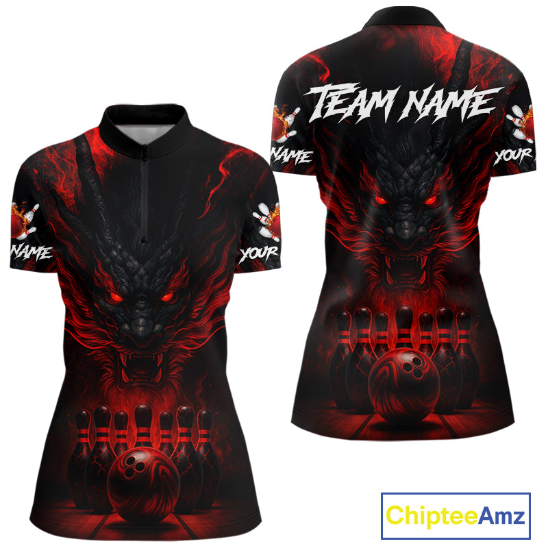 Black And Red Dragon Bowling Shirts For Women Custom Dragon Bowling League Shirts Outfits NQS10948