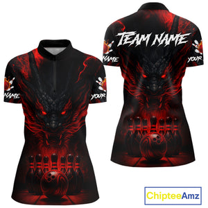 Black And Red Dragon Bowling Shirts For Women Custom Dragon Bowling League Shirts Outfits NQS10948