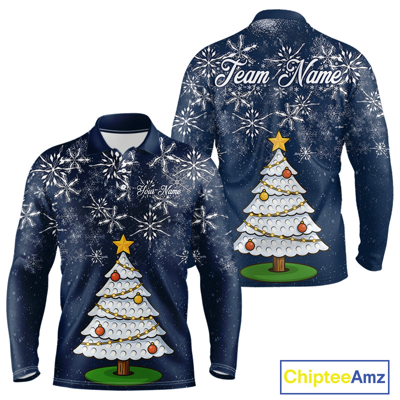 Funny Christmas Tree snowflake Mens Golf Polo shirts Custom mens christmas golf shirts | Blue Navy NQS10952