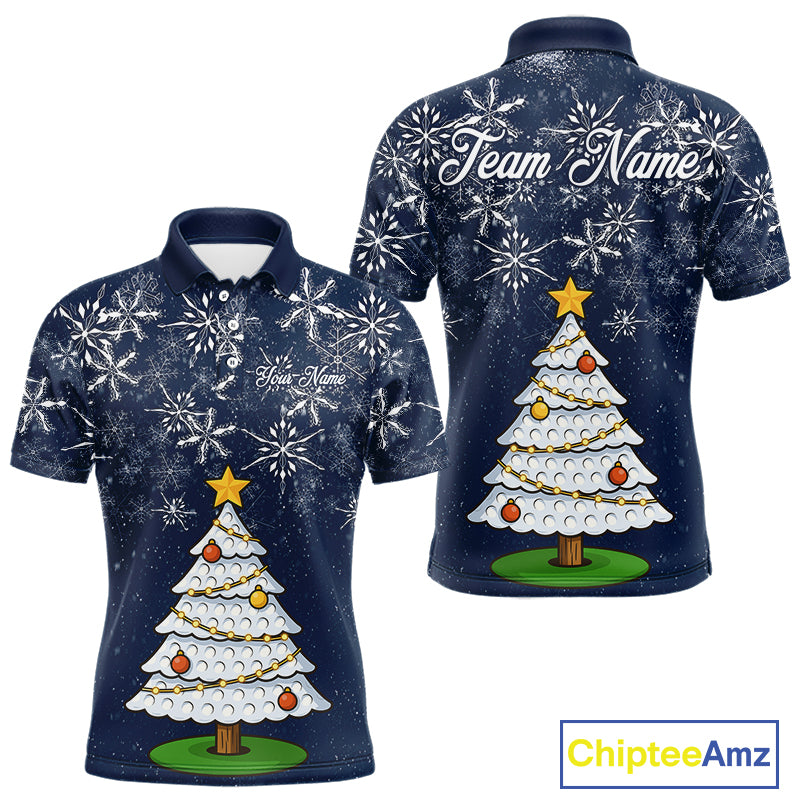 Funny Christmas Tree snowflake Mens Golf Polo shirts Custom mens christmas golf shirts | Blue Navy NQS10952