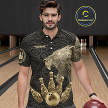 Load image into Gallery viewer, Black and Gold Lion Tribal Bowling Polo, 1/4 Zip Shirts For Men Custom Retro Bowling Team Jerseys NQS11149