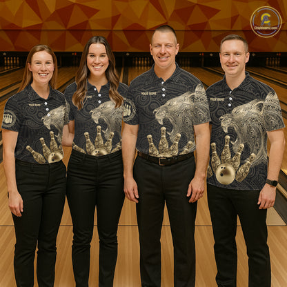 Black and Gold Lion Tribal Bowling Polo, 1/4 Zip Shirts For Women Custom Retro Bowling Team Jerseys NQS11149