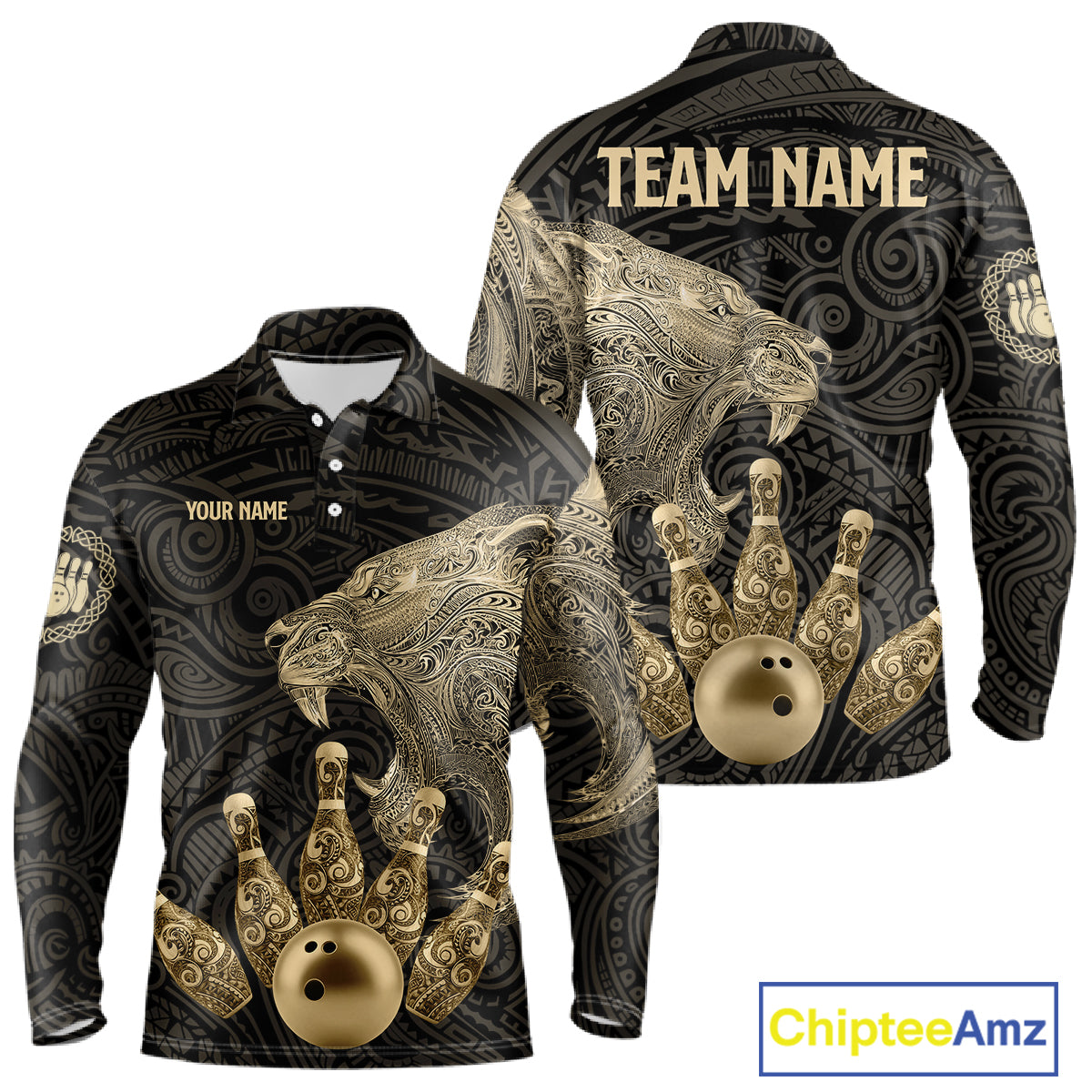Black and Gold Lion Tribal Bowling Polo, 1/4 Zip Shirts For Men Custom Retro Bowling Team Jerseys NQS11149