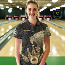 Load image into Gallery viewer, Black and Gold Lion Tribal Bowling Polo, 1/4 Zip Shirts For Women Custom Retro Bowling Team Jerseys NQS11149