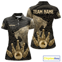 Load image into Gallery viewer, Black and Gold Lion Tribal Bowling Polo, 1/4 Zip Shirts For Women Custom Retro Bowling Team Jerseys NQS11149