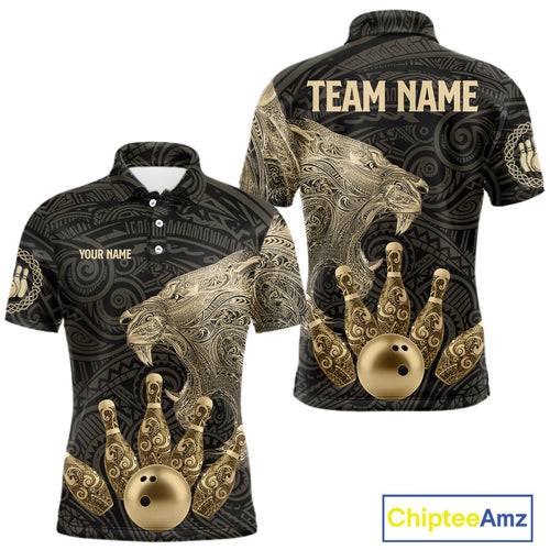 Black and Gold Lion Tribal Bowling Polo, 1/4 Zip Shirts For Men Custom Retro Bowling Team Jerseys NQS11149