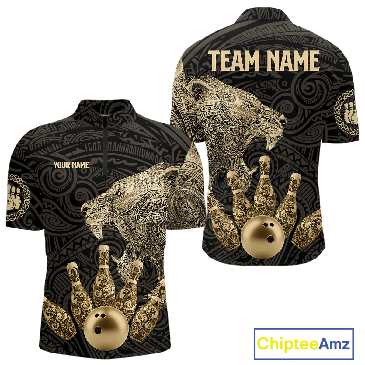 Black and Gold Lion Tribal Bowling Polo, 1/4 Zip Shirts For Men Custom Retro Bowling Team Jerseys NQS11149