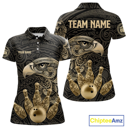 Black and Gold Eagle Tribal Bowling Polo, 1/4 Zip Shirts For Women Custom Retro Bowling Team Jerseys NQS11150