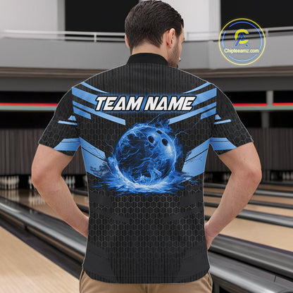Black and Blue Lightning Thunder Bowling Shirts For Men Custom Bowling Team Jerseys, Gift For Bowlers NQS11140