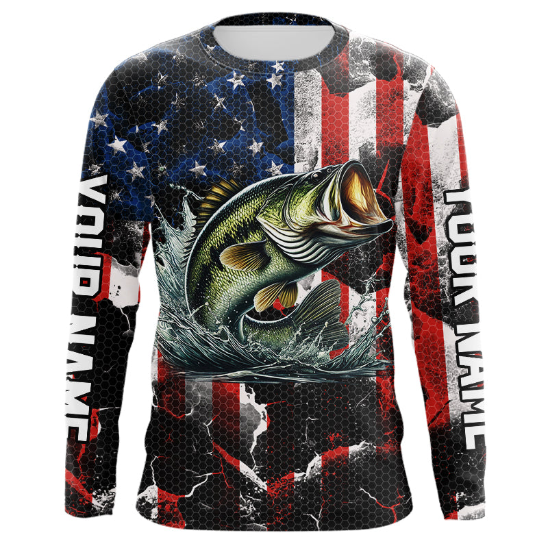 Largemouth Bass fishing American flag Custom UV protection performance long sleeve fishing jerseys NQS9276