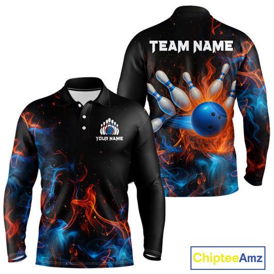 Blue and Orange Flame Bowling Polo, Quarter Zip Shirts for Men Custom Team bowling outfit uniform NQS10026