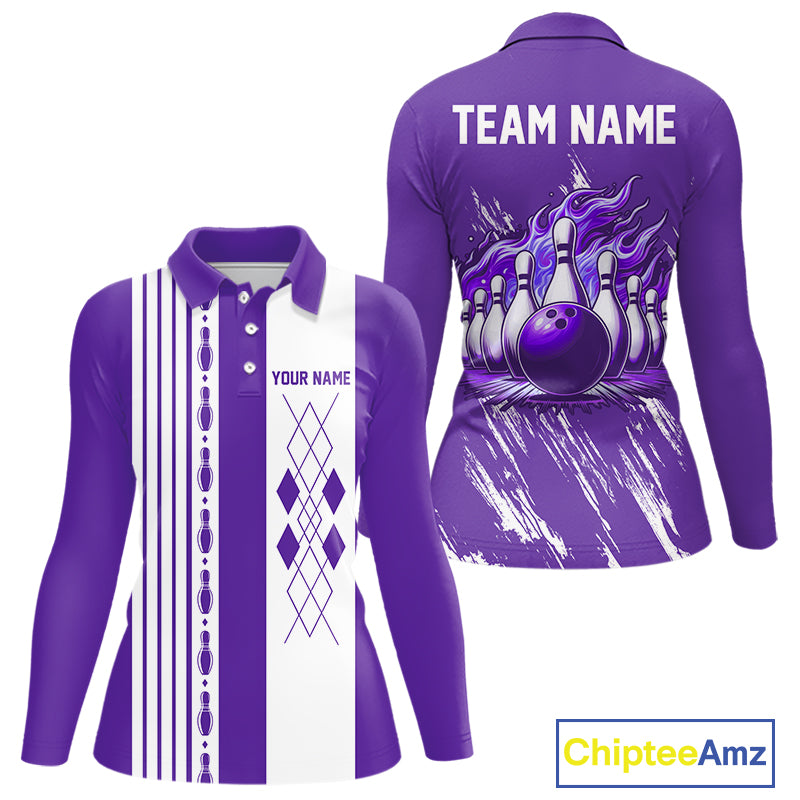 Retro Purple argyle Flame Bowling shirts For Women custom bowling team jerseys Ladies Bowler Outfits NQS10326