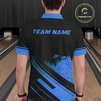 Custom Black And Blue Bowling Team Polo, Quarter-Zip Shirts For Men, Personalized Bowling Jerseys NQS10539