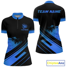 Load image into Gallery viewer, Custom Black And Blue Bowling Team Polo, Quarter-Zip Shirts For Women, Personalized Bowling Jerseys NQS10539
