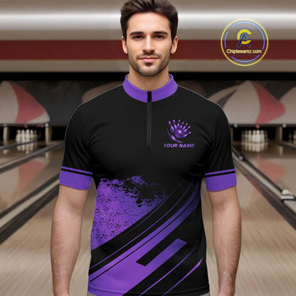 Custom Black And Purple Bowling Team Polo, Quarter-Zip Shirts For Men, Personalized Bowling Jerseys NQS10541