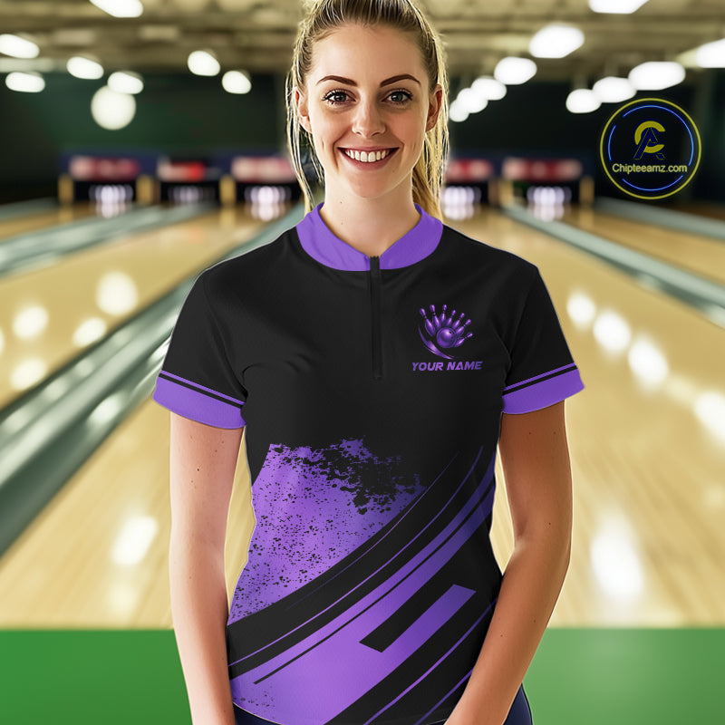 Custom Black And Purple Bowling Team Polo, Quarter-Zip Shirts For Women, Personalized Bowling Jerseys NQS10541
