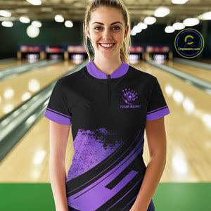 Custom Black And Purple Bowling Team Polo, Quarter-Zip Shirts For Women, Personalized Bowling Jerseys NQS10541