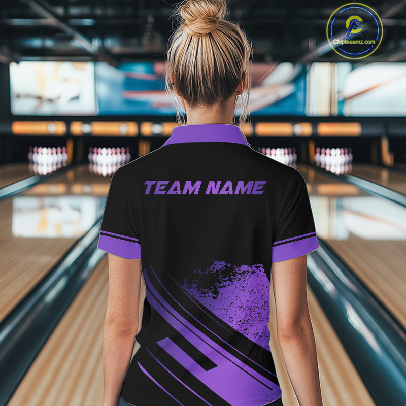 Custom Black And Purple Bowling Team Polo, Quarter-Zip Shirts For Women, Personalized Bowling Jerseys NQS10541
