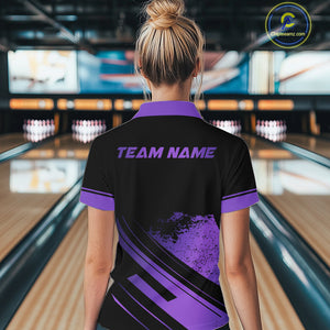 Custom Black And Purple Bowling Team Polo, Quarter-Zip Shirts For Women, Personalized Bowling Jerseys NQS10541