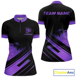 Custom Black And Purple Bowling Team Polo, Quarter-Zip Shirts For Women, Personalized Bowling Jerseys NQS10541