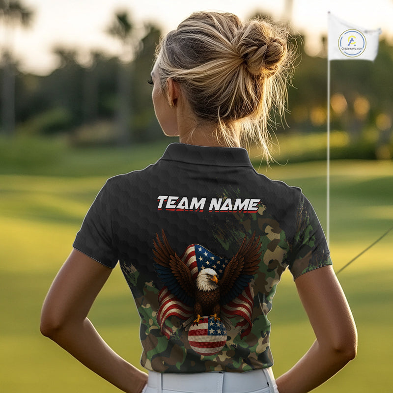 Black and Green Camo American Flag Eagle Golf Polo Shirts For Women Custom Patriotic Team Golf Jersey NQS10953
