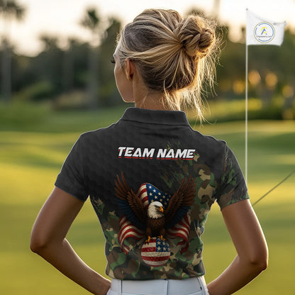 Black and Green Camo American Flag Eagle Golf Polo Shirts For Women Custom Patriotic Team Golf Jersey NQS10953