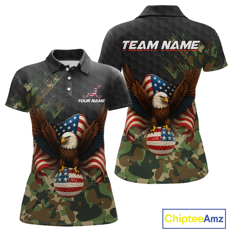 Black and Green Camo American Flag Eagle Golf Polo Shirts For Women Custom Patriotic Team Golf Jersey NQS10953