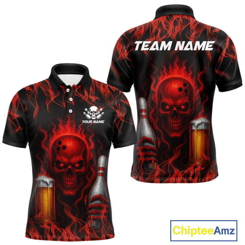 Red Skull and Beer Bowling shirts with flames Custom Bowling Polo, 1/4 Zip bowling outfits for men NQS10955
