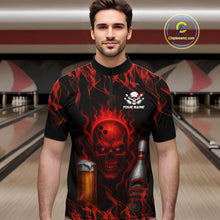 Load image into Gallery viewer, Red Skull and Beer Bowling shirts with flames Custom Bowling Polo, 1/4 Zip bowling outfits for men NQS10955