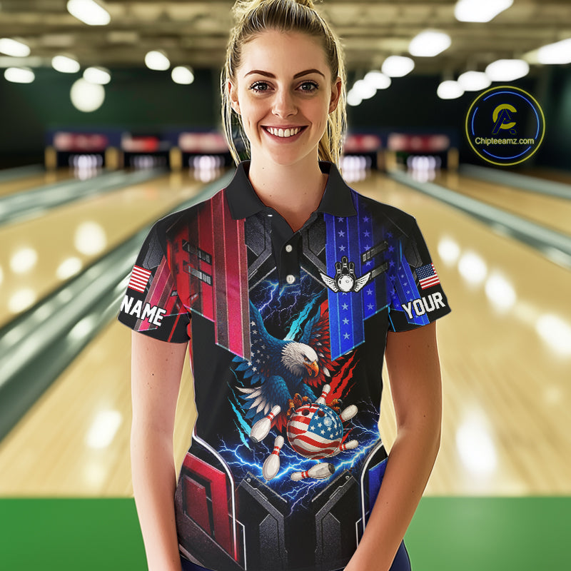 American flag bowling jersey Custom patriotic Lightning Thunder Eagle Bowling shirts for Women NQS10958