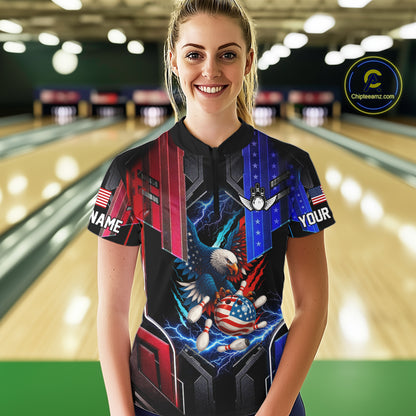 American flag bowling jersey Custom patriotic Lightning Thunder Eagle Bowling shirts for Women NQS10958