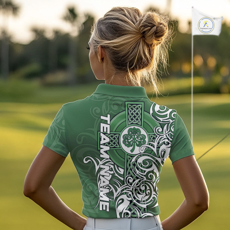 Green Irish Tribal Cross St Patrick's Day Womens Golf Polo Shirts Custom Lucky Golf Team Jerseys NQS11335