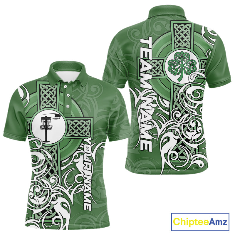 Green Irish Tribal Cross St Patrick's Day Disc Golf Polo Shirts Custom Lucky Disc Golf Team Outfits NQS11336
