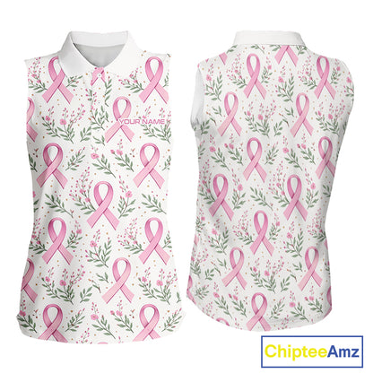 Pink ribbons floral pattern Breast Cancer sleeveless golf polo shirts Custom team ladies golf attire NQS11551