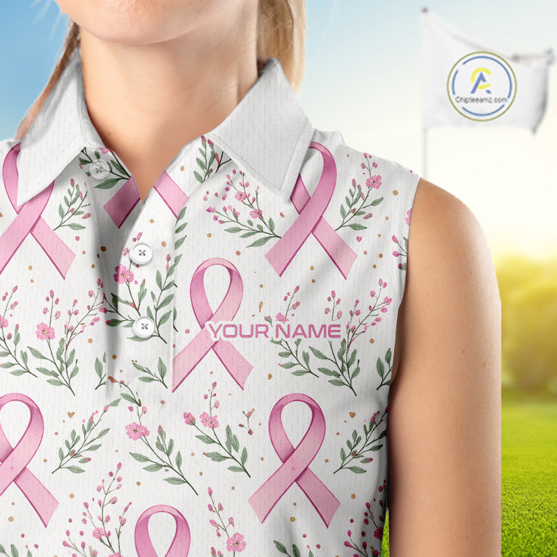 Pink ribbons floral pattern Breast Cancer sleeveless golf polo shirts Custom team ladies golf attire NQS11551