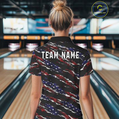 Black American Flag pattern bowling shirt for Women custom patriotic jersey team ladies bowling gifts NQS11552