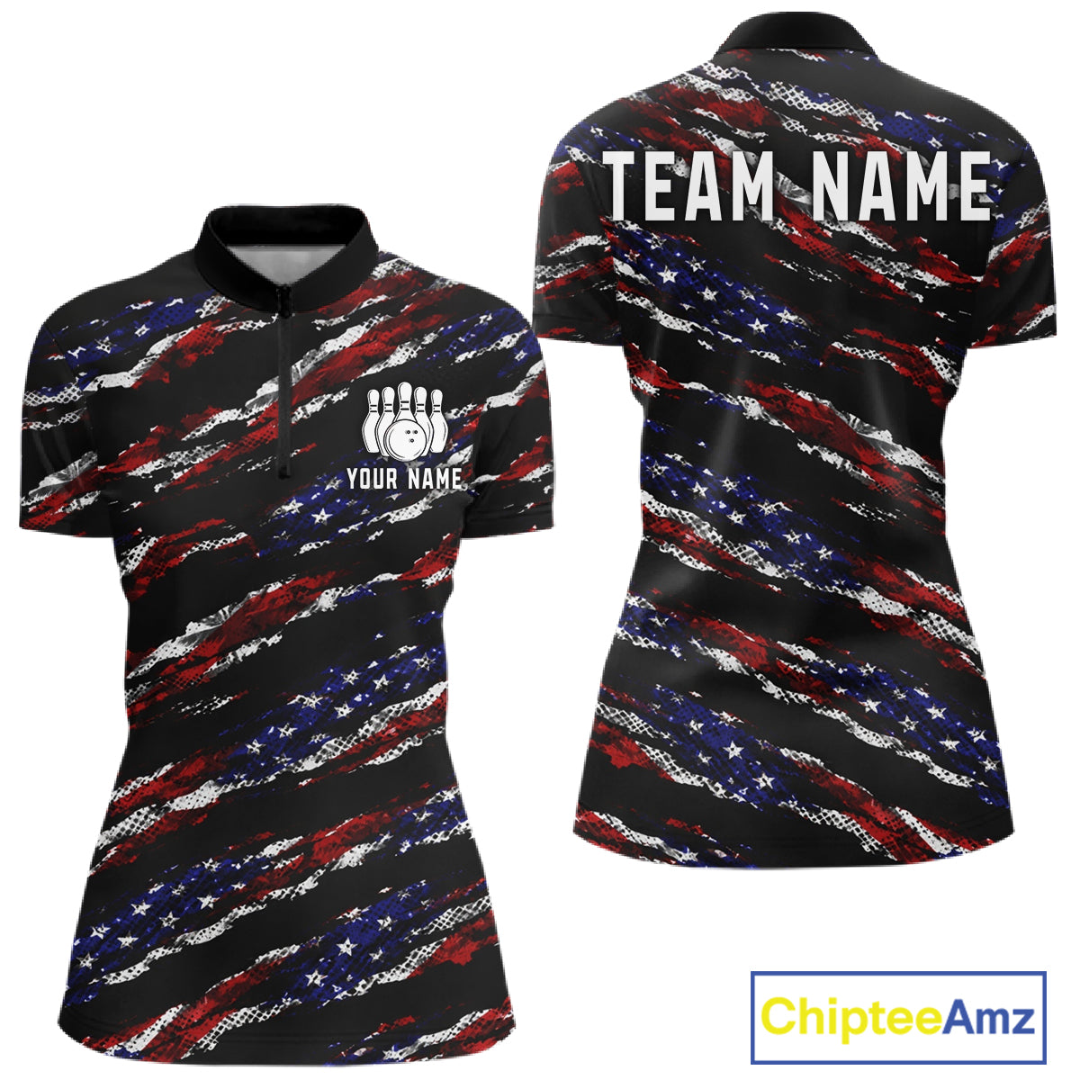 Black American Flag pattern bowling shirt for Women custom patriotic jersey team ladies bowling gifts NQS11552