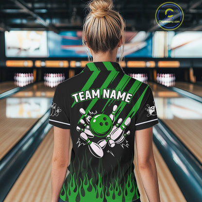 Black and Green Flame Retro Bowling Polo, 1/4 Zip Shirt for Women Custom Vintage Team Bowling Jersey NQS11677