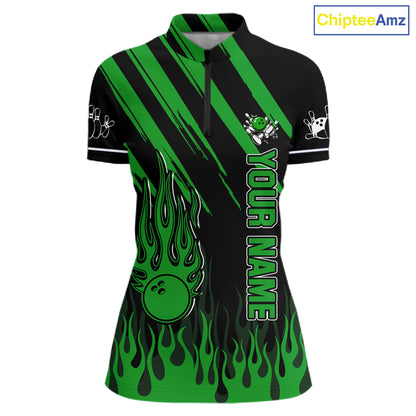 Black and Green Flame Retro Bowling Polo, 1/4 Zip Shirt for Women Custom Vintage Team Bowling Jersey NQS11677