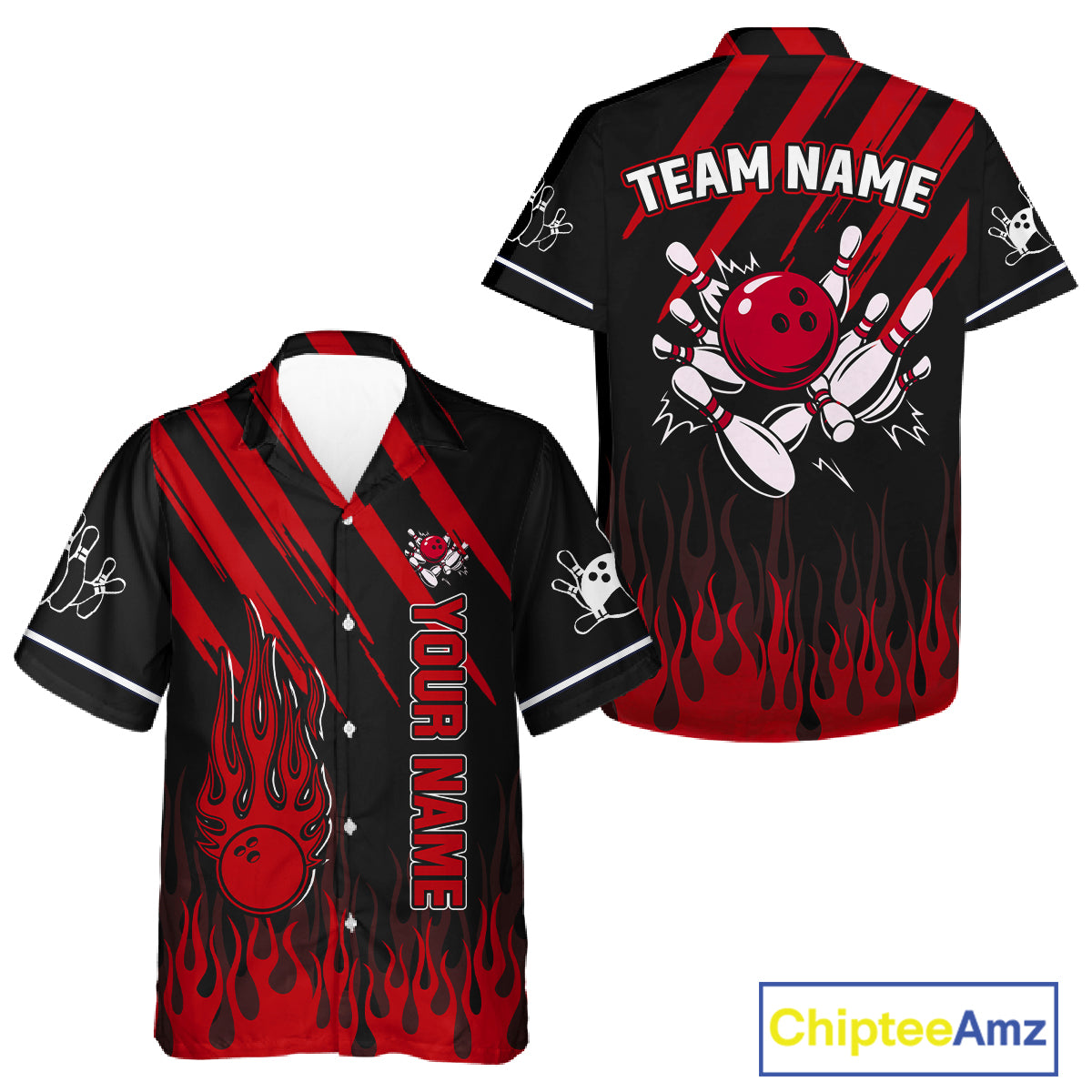 Black and Red Flame Retro Bowling Button-up Shirt Custom Vintage Team Hawaiian Bowling Jersey NQS11678