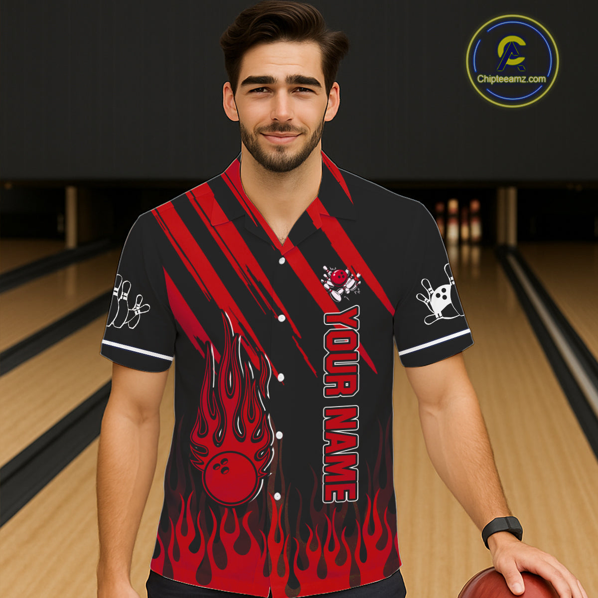 Black and Red Flame Retro Bowling Button-up Shirt Custom Vintage Team Hawaiian Bowling Jersey NQS11678
