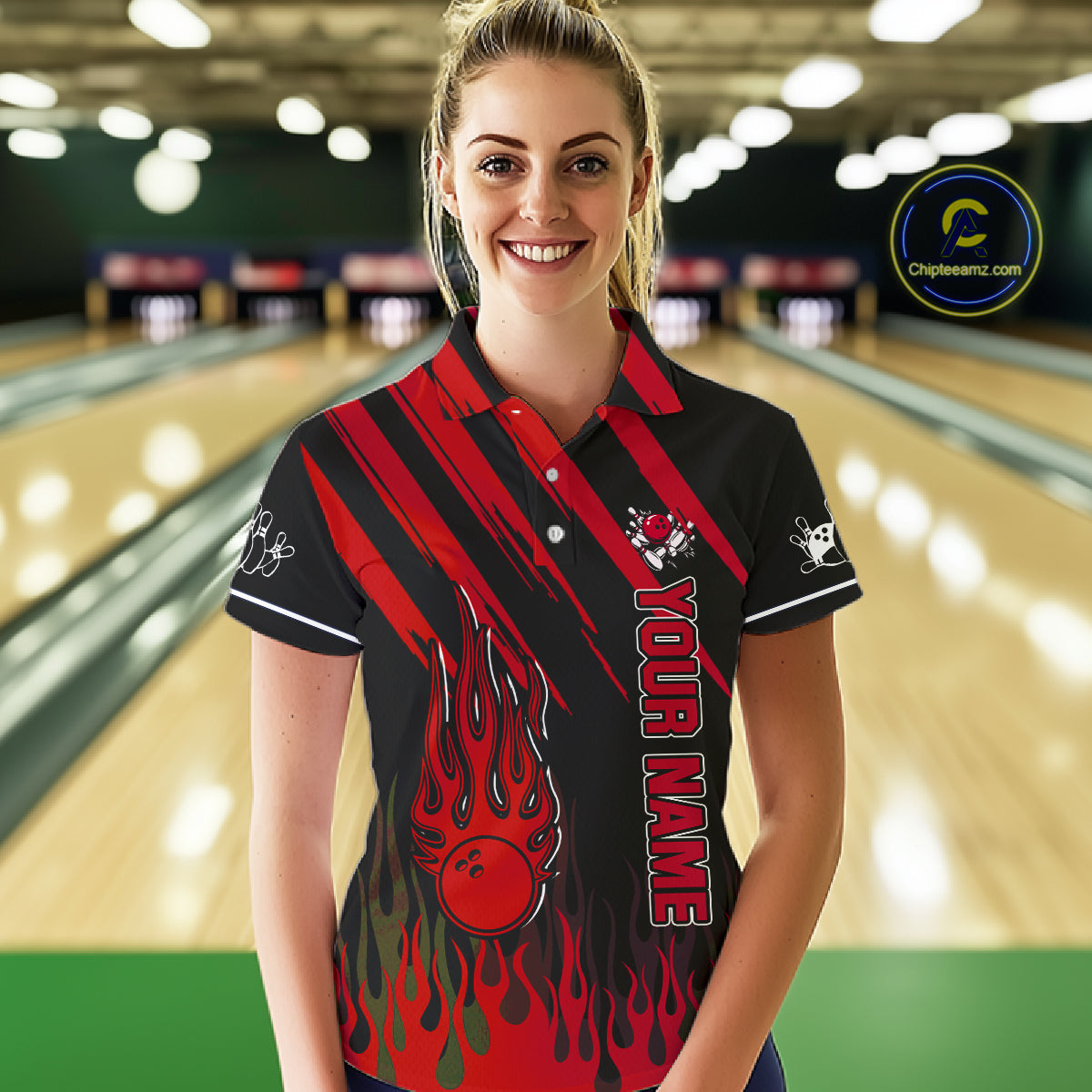 Black and Red Flame Retro Bowling Polo, 1/4 Zip Shirt for Women Custom Vintage Team Bowling Jersey NQS11678