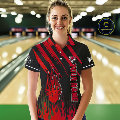 Black and Red Flame Retro Bowling Polo, 1/4 Zip Shirt for Women Custom Vintage Team Bowling Jersey NQS11678