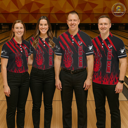 Black and Red Flame Retro Bowling Polo, 1/4 Zip Shirt for Men Custom Vintage Team Bowling Jersey NQS11678